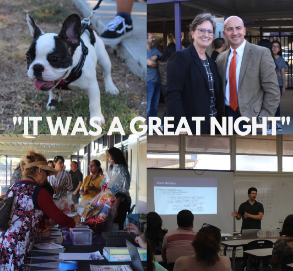 Top Left: Coco the dog, owned by students Emely and Catherine Estrada made a guest appearance at BTSN. Top Right: Ms. Leuthold,
principal, with Dr. Trovatore, the Director of Secondary Ed. Bottom Left: Parents were able to sign up for Booster Club as well as participate in a fun raffle. Bottom Right: Mr. Janadi, chemistry and CCR teacher explained to parents about his class. 