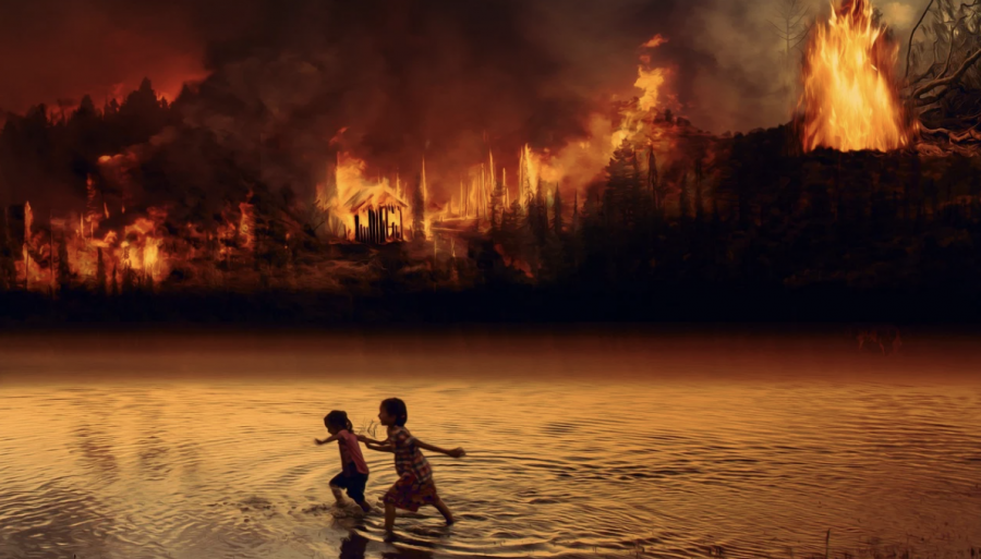 Children running through a river next to a fire.