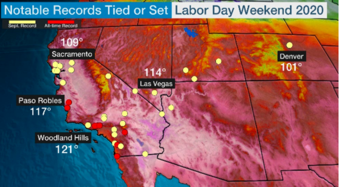 Highlights numerous notable temperature records from the Labor Day heat wave in California. Woodland Hills, in LA County, reached 121 degrees F.