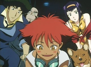 Spike Spiegel, Faye Valentine, Jet Black, & Ein watching  Edward Wong Hau Pepelu Tivrusky IV being a master at hacking.