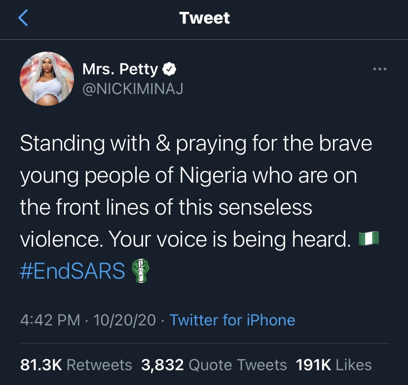 Nicki Minaj, along with other celebrities, have expressed their support in the #EndSARS movement