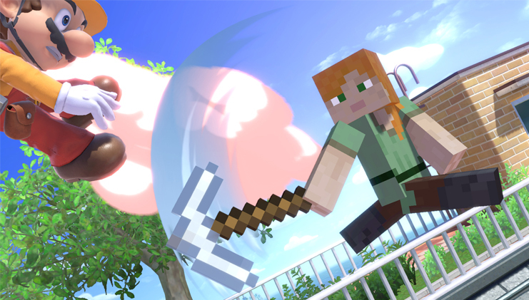 Alex hitting Mario with a pickaxe in Super Smash Bros. Ultimate. Image courtesy of Mojang, from the Minecraft LIVE 2020 Summary.