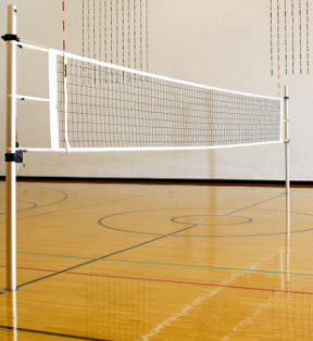 This is an indoor volleyball net used for playing volleyball. It is a challenging and energizing game because you need to keep the ball from not touching your area and keep it going over to the other side.