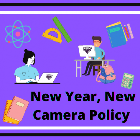 "New Year, New Camera Policy"; students at computers with school supplies surrounding them