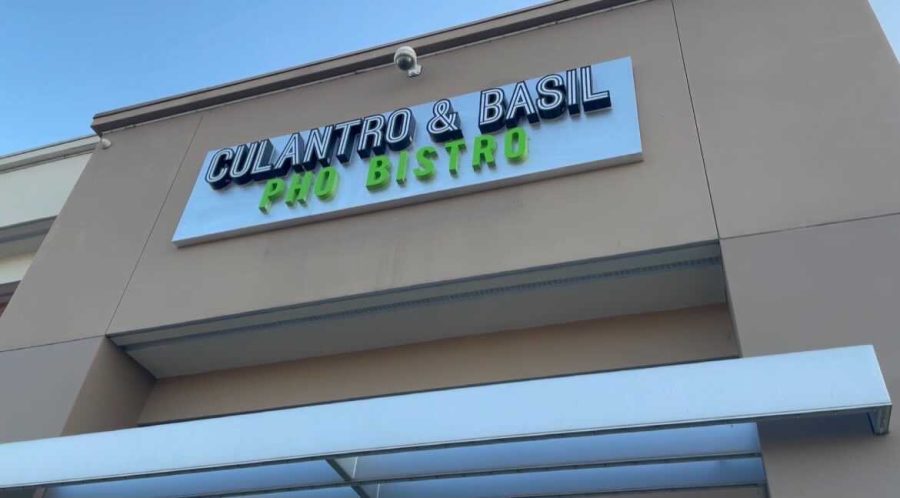 The+Culantro+%26+Basil+Pho+Bistro+sign+sits+at+the+top+of+the+front+wall.