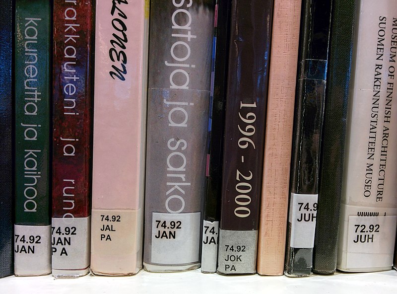 Books with classification numbers in the Dewey Decimal system. Photo from wikimedia.org. Licensed under the Creative Commons Attribution-Share Alike 4.0 International license.