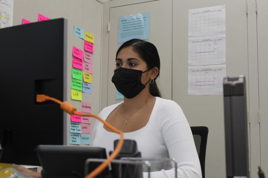 Ms. Torres is seen working at her desk in her classroom, running over student assignments.