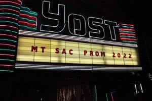 The Yost Theatre marquee announces the great event to everyone who passes by. 