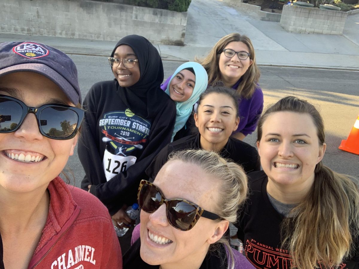 Teachers Elizabeth Hoffman, Tiffany Wilcox, Courtney Bell, and Lauren Yao along with students Asrar Mohamed, Amira Labesh, and Angelina Martinez taking part in the West Covina 5k. 