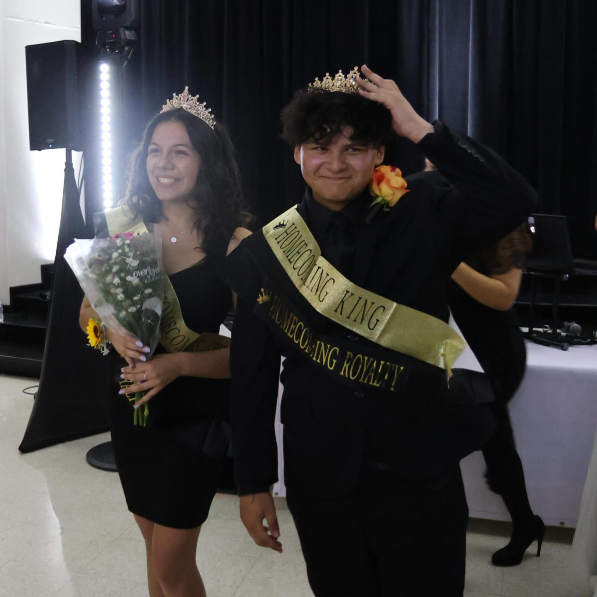 HOCO Queen and HOCO KIng standing next to each other after their big win. (Senior Sofia Hernandez on the left and Senior Vincent Hernandez on the right)