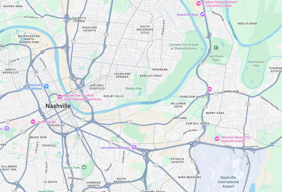 A screenshotted map of Nashville, Tennessee from Google Maps.