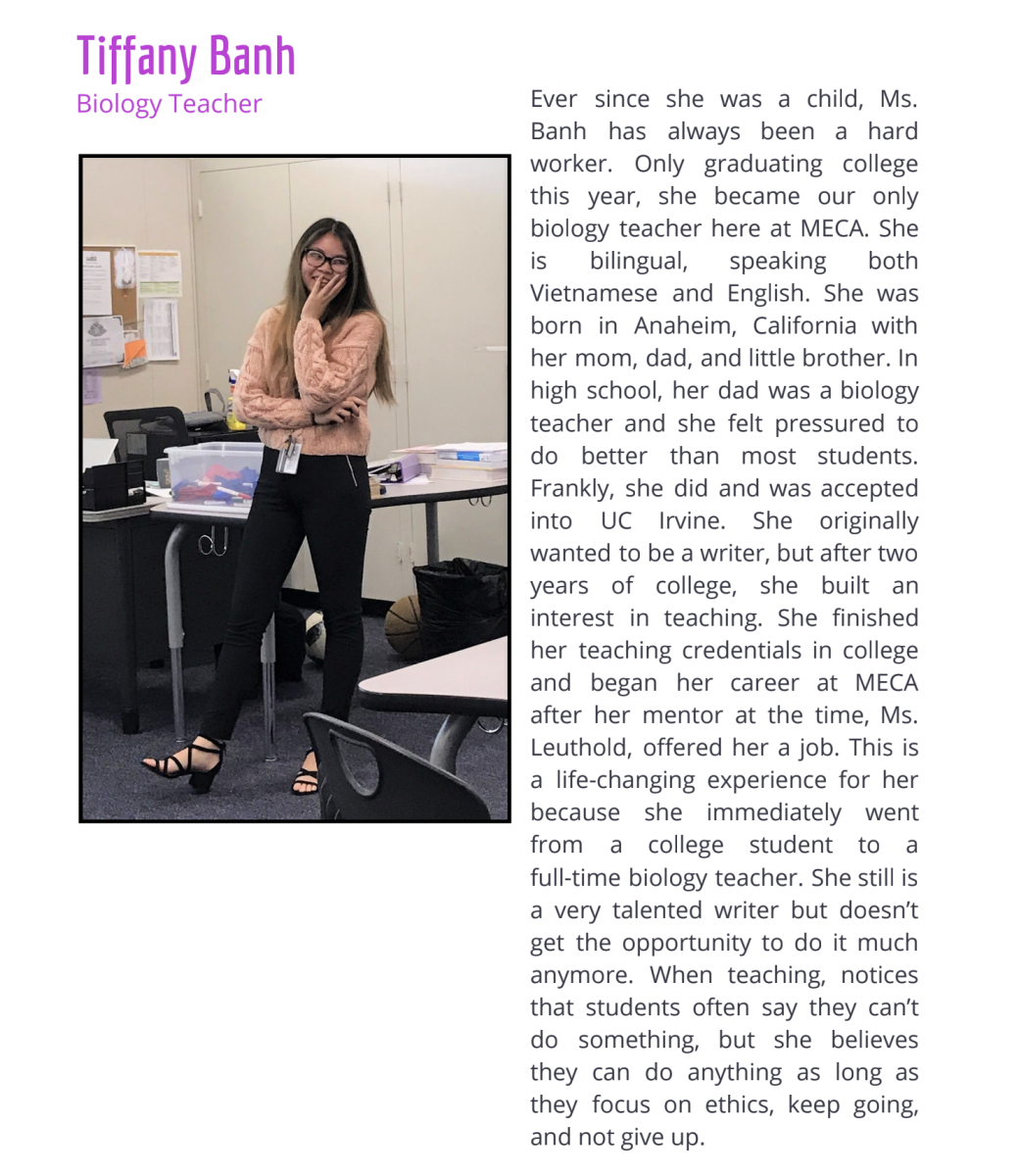 An old Journalism article about Tiffany Banh, written all the way back in 2018. The formal article details her role at Mt SAC Early College Academy and some fun facts about her.