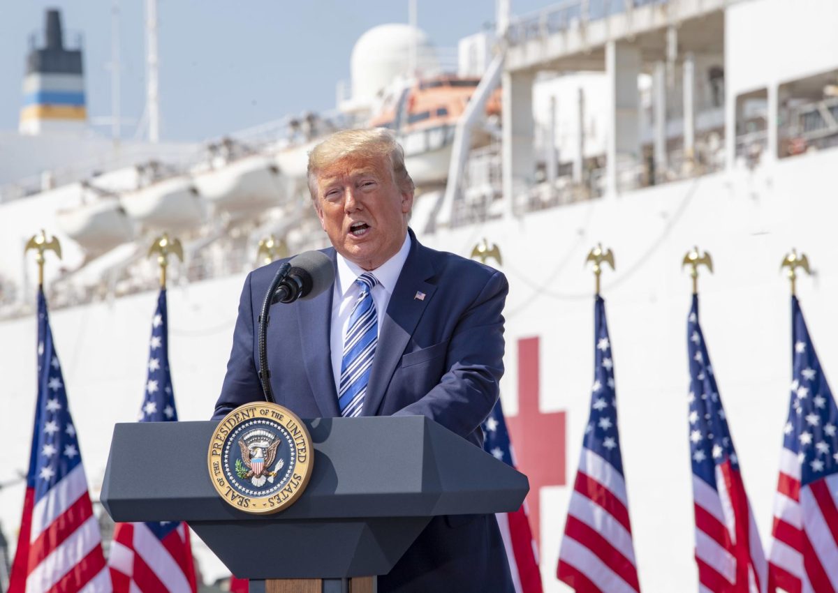 The 47th president of the United States, Donald J. Trump giving a speech in Norfolk, Virginia on March 28, 2020. Photo by: Mike DiMestico/U.S. Navy