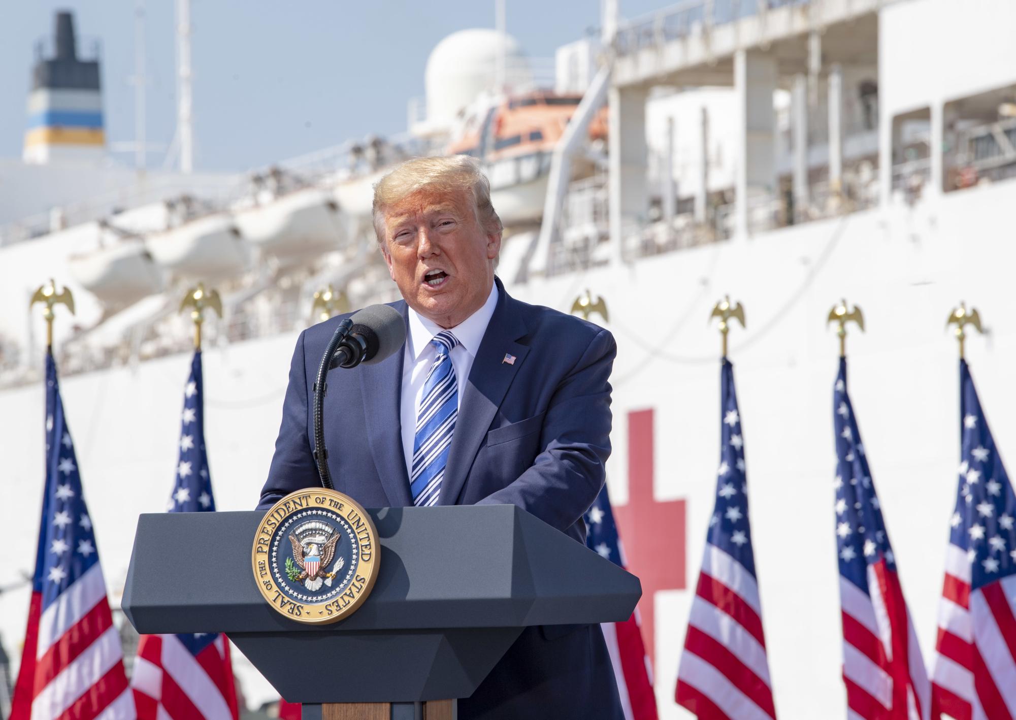 The 47th president of the United States, Donald J. Trump giving a speech in Norfolk, Virginia on March 28, 2020. Photo by: Mike DiMestico/U.S. Navy