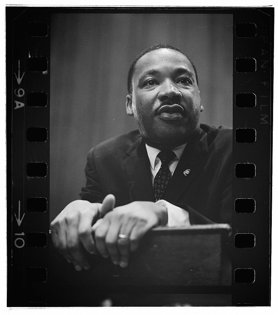 Martin Luther was a talented speech giver, seen here standing against a lectern while giving a press conference. Photo by: Trikosko, Marion S./Library of Congress — LC-U9- 11696-9A [P&P]