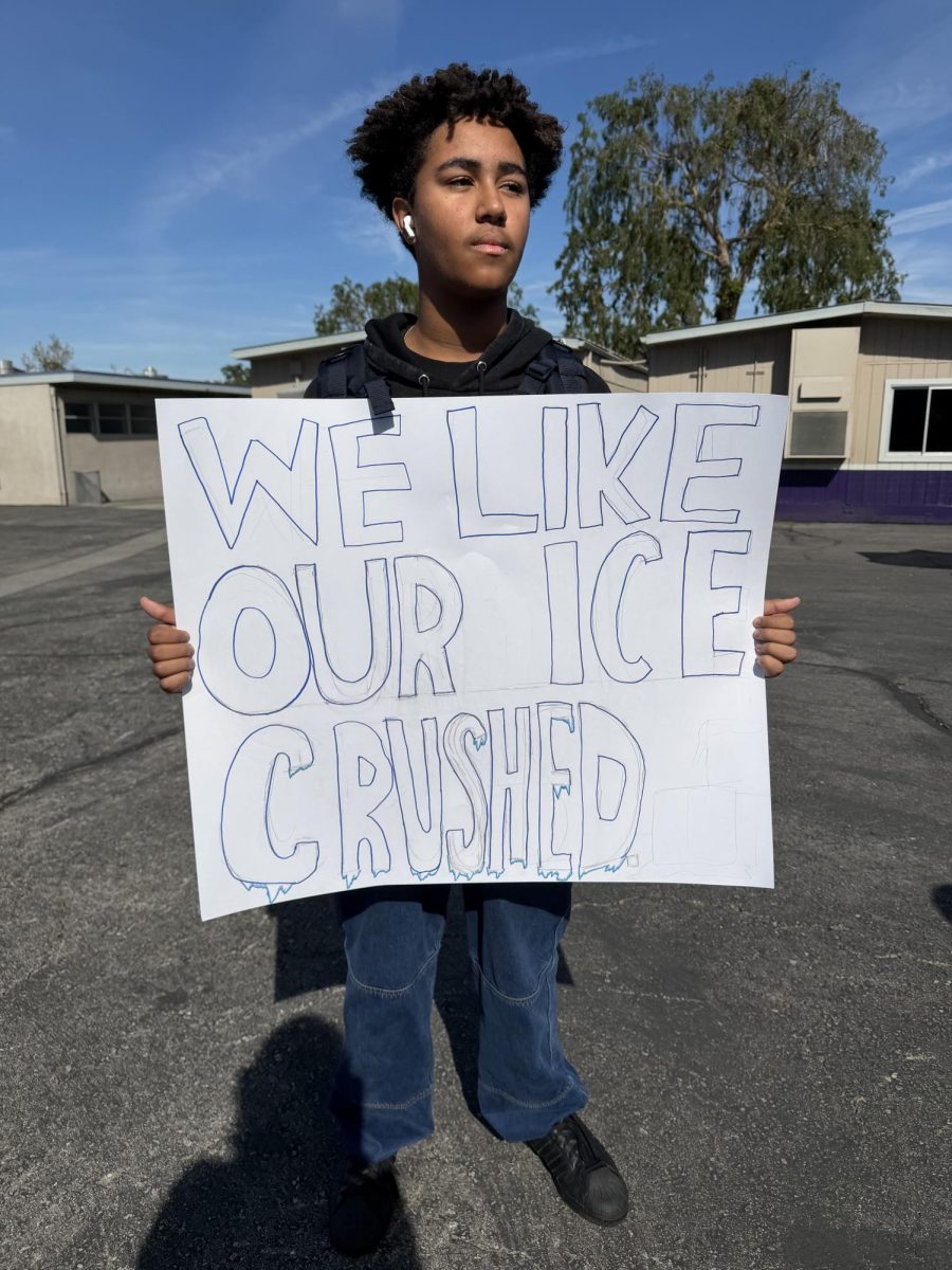 Elijah Venegas (10) holds his poster for the walkout against ICE, which has the message, “We Like Our ICE Crushed” written on it.