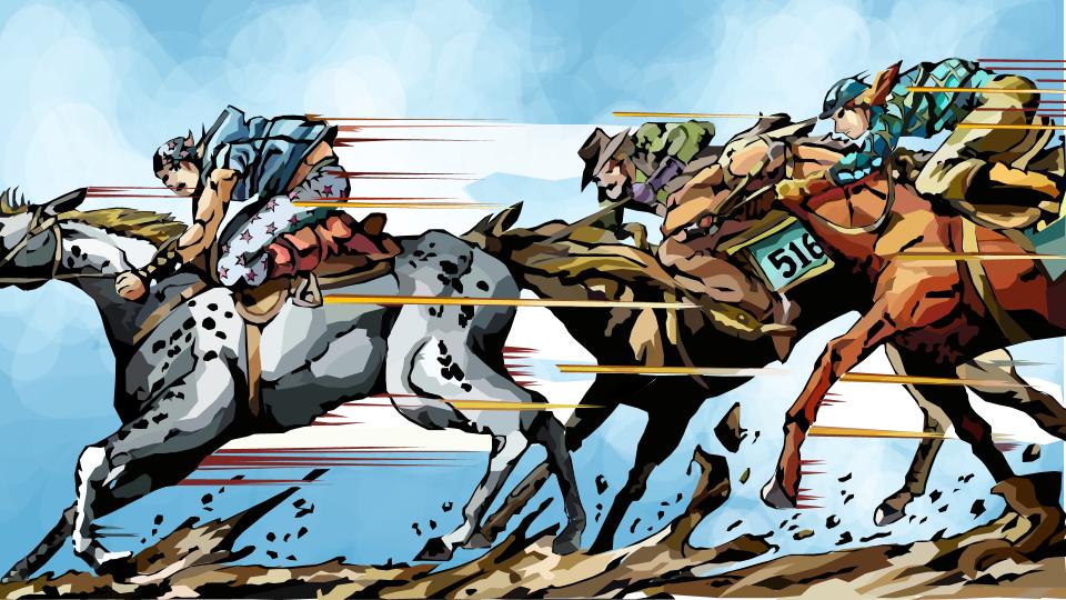 Johnny Joestar (Left), Gyro Zepelli (Middle), and Diego Brando (Right) horse racing against each other. 