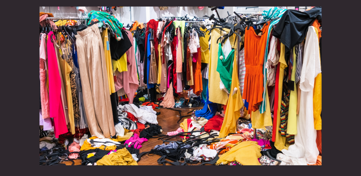 Fast fashion is the rapid production of cheap clothing. While this may sound enticing to consumers at first, fast fashion companies do more harm than good. Image created using Canva by Jocelyn Lee