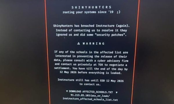 Students and Professors logging in to Canvas on Thursday May 6 were met with the message from ShinyHunters. Screenshot provided by Caryn Gerstenberger