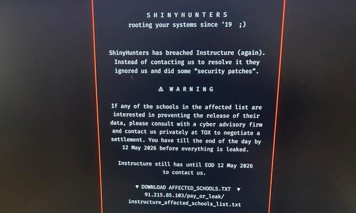 Students and Professors logging in to Canvas on Thursday May 6 were met with the message from ShinyHunters. Screenshot provided by Caryn Gerstenberger